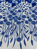 Royal Blue Beaded Fabric 3D Floral Butterfly Fabric by the Yard, Luxury Butterfly