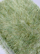 Metallic Fringe Eyelash / Feather - Sage / Gold - Embroidered Fabric with Hanging Details 2 Way Stretch By Yard