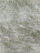 Metallic Fringe Eyelash / Feather - Sage / Gold - Embroidered Fabric with Hanging Details 2 Way Stretch By Yard