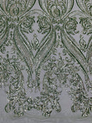 Big Damask Sequins - Sage - Damask Sequin Design on 4 Way Stretch Fabric By Yard