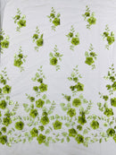 Floral 3D Pearl Fabric - Sage Green - Embroidered Single Border Flower Design Pearl Fabric By Yard