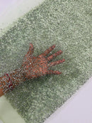 Rhinestone Glitter Mesh Fabric - Sage Green - Shiny Glitter Mesh Rhinestone Detail Fabric by Yard