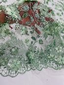 Big Flower 3D Glitter Fabric - Sage Green - Embroidered Floral Sequins Design Fabric by Yard