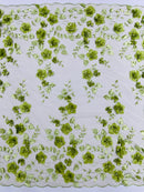 Floral 3D Pearl Fabric - Sage Green - Embroidered Double Border Flower Design Pearl Fabric By Yard