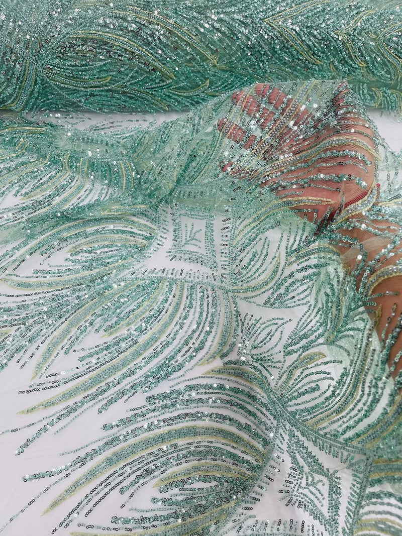 Beaded Line Fabric - Sage - Luxury Bridal Line Pattern Fabric With Beads, Sequins Sold By Yard