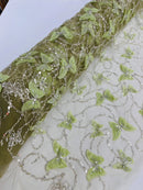 3D Butterfly Sequins Bead Fabric - Sage Green - Sequins Embroidered Beaded Fabric By Yard