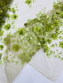 Floral 3D Pearl Fabric - Sage Green - Embroidered Single Border Flower Design Pearl Fabric By Yard