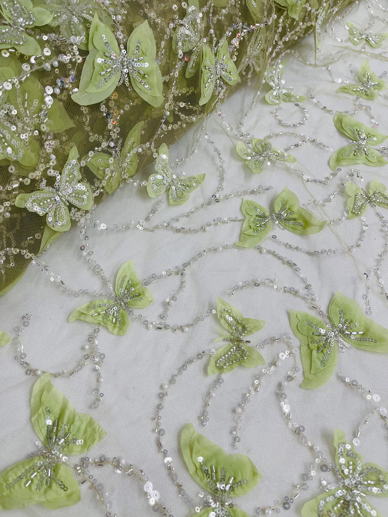 3D Butterfly Sequins Bead Fabric - Sage Green - Sequins Embroidered Beaded Fabric By Yard