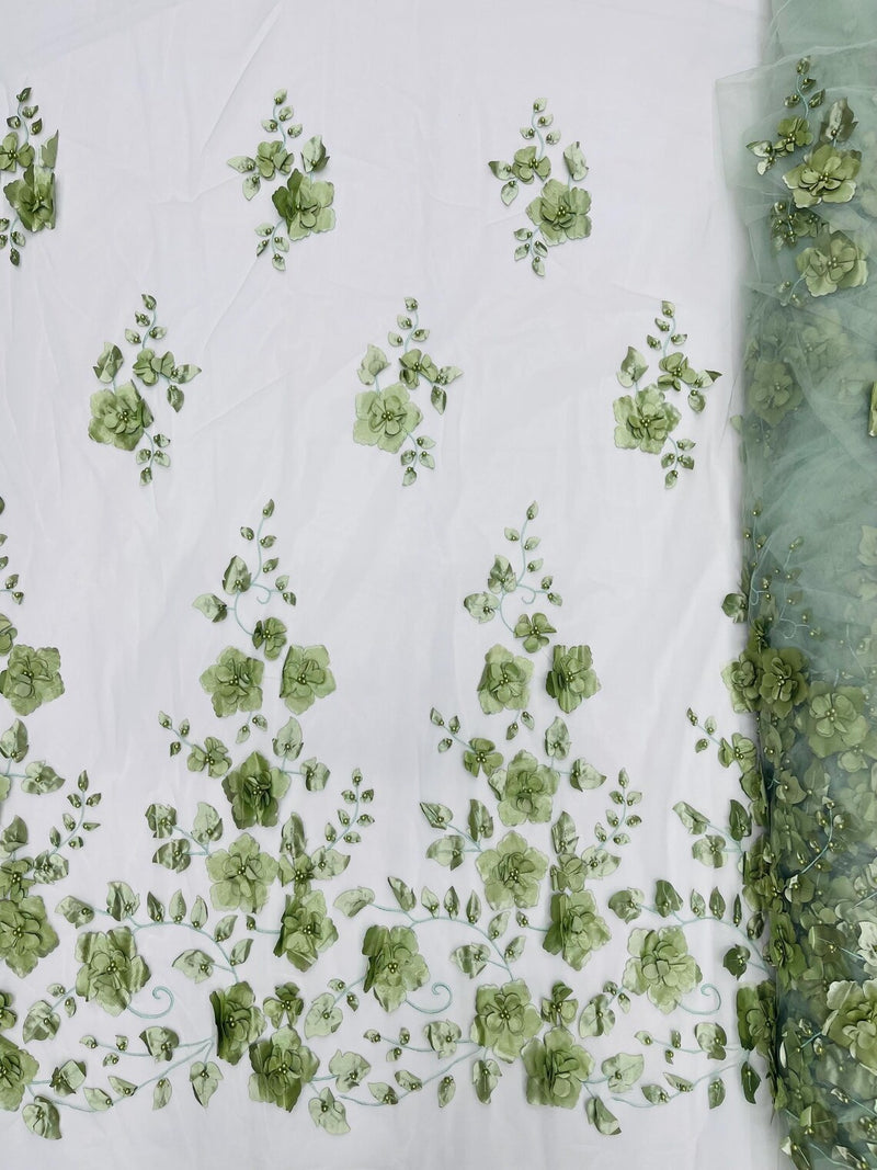 3D Orquidia Floral Lace - Sage Green - Beautiful Orchid Flower Fabric on Mesh by Yard