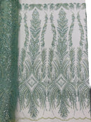 Beaded Line Fabric - Sage - Luxury Bridal Line Pattern Fabric With Beads, Sequins Sold By Yard