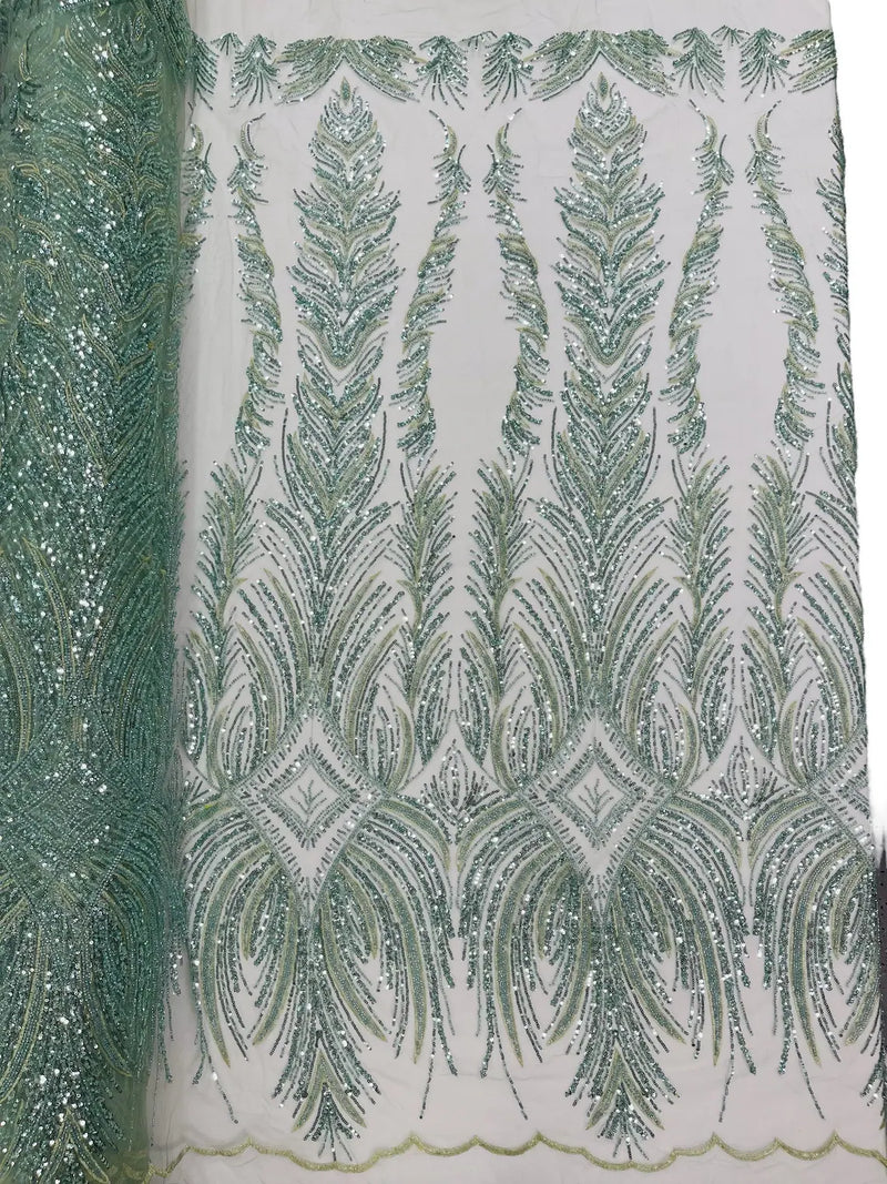 Beaded Line Fabric - Sage - Luxury Bridal Line Pattern Fabric With Beads, Sequins Sold By Yard