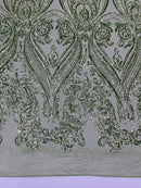 Big Damask Sequins - Sage - Damask Sequin Design on 4 Way Stretch Fabric By Yard