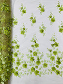 Floral 3D Pearl Fabric - Sage Green - Embroidered Single Border Flower Design Pearl Fabric By Yard