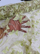 3D Butterfly Sequins Bead Fabric - Sage Green - Sequins Embroidered Beaded Fabric By Yard