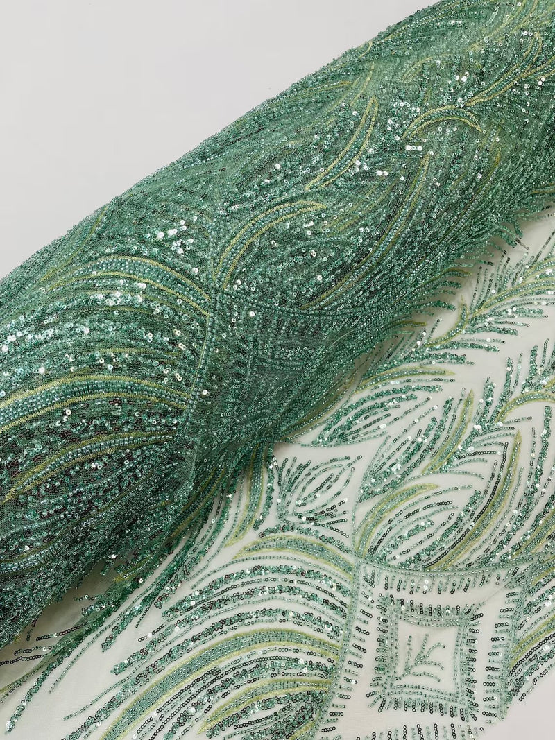 Beaded Line Fabric - Sage - Luxury Bridal Line Pattern Fabric With Beads, Sequins Sold By Yard