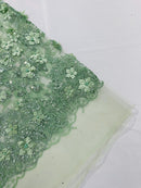 Big Flower 3D Glitter Fabric - Sage Green - Embroidered Floral Sequins Design Fabric by Yard