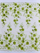 Floral 3D Pearl Fabric - Sage Green - Embroidered Double Border Flower Design Pearl Fabric By Yard