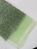 Rhinestone Glitter Mesh Fabric - Sage Green - Shiny Glitter Mesh Rhinestone Detail Fabric by Yard