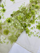 Floral 3D Pearl Fabric - Sage Green - Embroidered Single Border Flower Design Pearl Fabric By Yard
