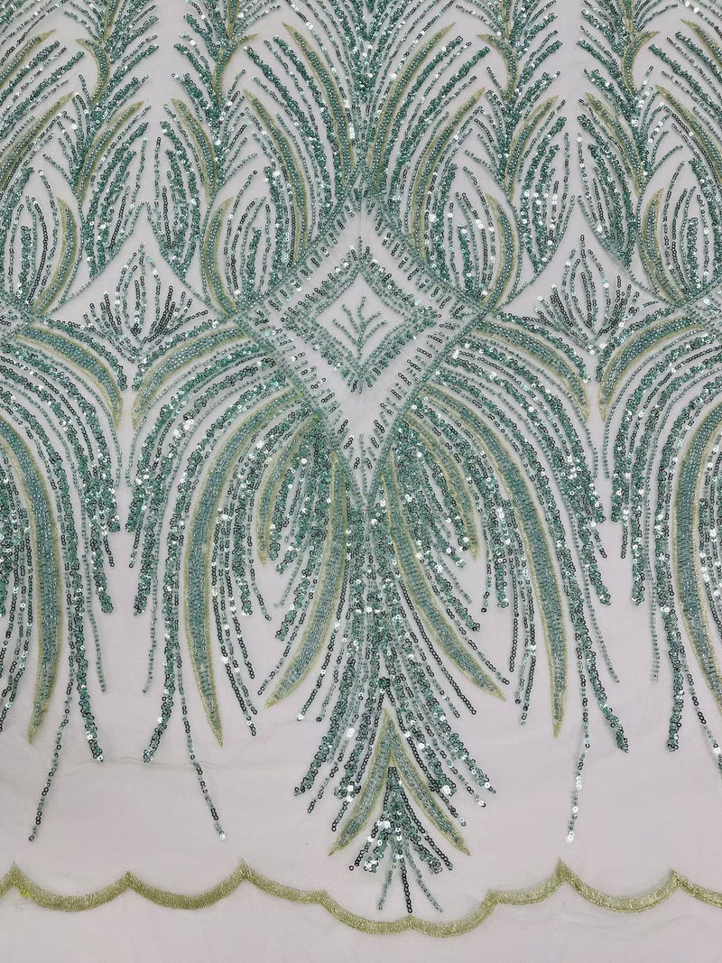 Beaded Line Fabric - Sage - Luxury Bridal Line Pattern Fabric With Beads, Sequins Sold By Yard