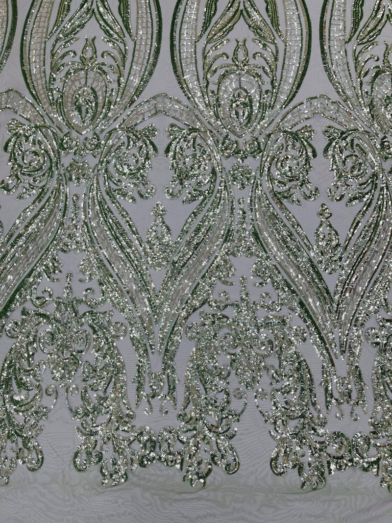 Big Damask Sequins - Sage - Damask Sequin Design on 4 Way Stretch Fabric By Yard