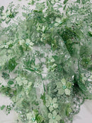 Big Flower 3D Glitter Fabric - Sage Green - Embroidered Floral Sequins Design Fabric by Yard