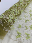 3D Butterfly Sequins Bead Fabric - Sage Green - Sequins Embroidered Beaded Fabric By Yard