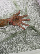 Rhinestone Glitter Mesh Fabric - Sage Green - Shiny Glitter Mesh Rhinestone Detail Fabric by Yard