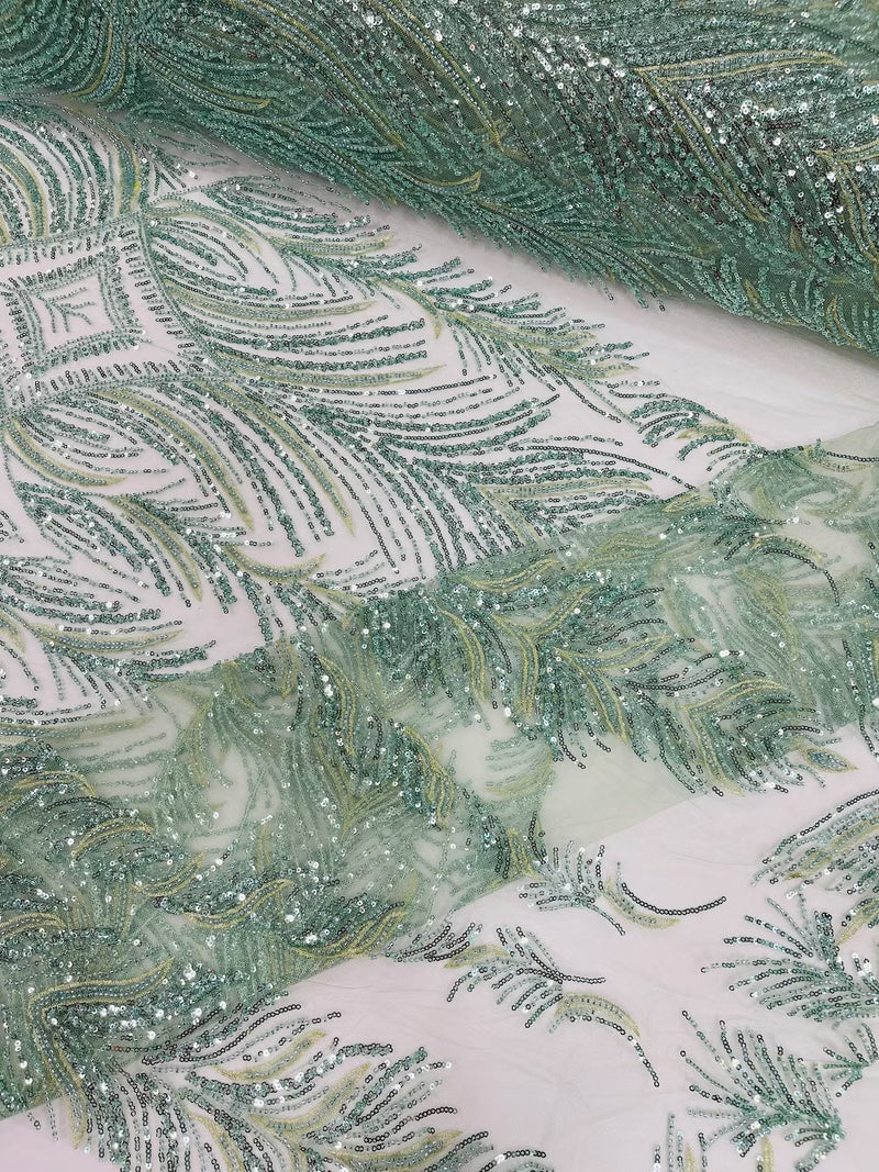 Beaded Line Fabric - Sage - Luxury Bridal Line Pattern Fabric With Beads, Sequins Sold By Yard