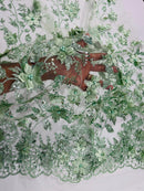 Big Flower 3D Glitter Fabric - Sage Green - Embroidered Floral Sequins Design Fabric by Yard