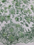 Big Flower 3D Glitter Fabric - Sage Green - Embroidered Floral Sequins Design Fabric by Yard