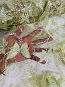 3D Butterfly Sequins Bead Fabric - Sage Green - Sequins Embroidered Beaded Fabric By Yard