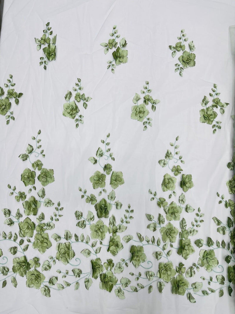 3D Orquidia Floral Lace - Sage Green - Beautiful Orchid Flower Fabric on Mesh by Yard