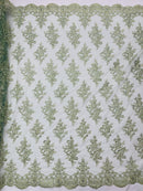Floral Bridal Lace - Sage Green - Flower Damask Design Embroidered on Mesh Lace Fabric