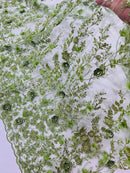 3D Rhinestone Flower Design - Sage Green - Flower Sequins  Embroidered Lace Fabric By Yard