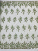 3D Floral Valentina Lace Fabric - Sage Green - Sequins and Beads on Flower Design Fabric By Yard