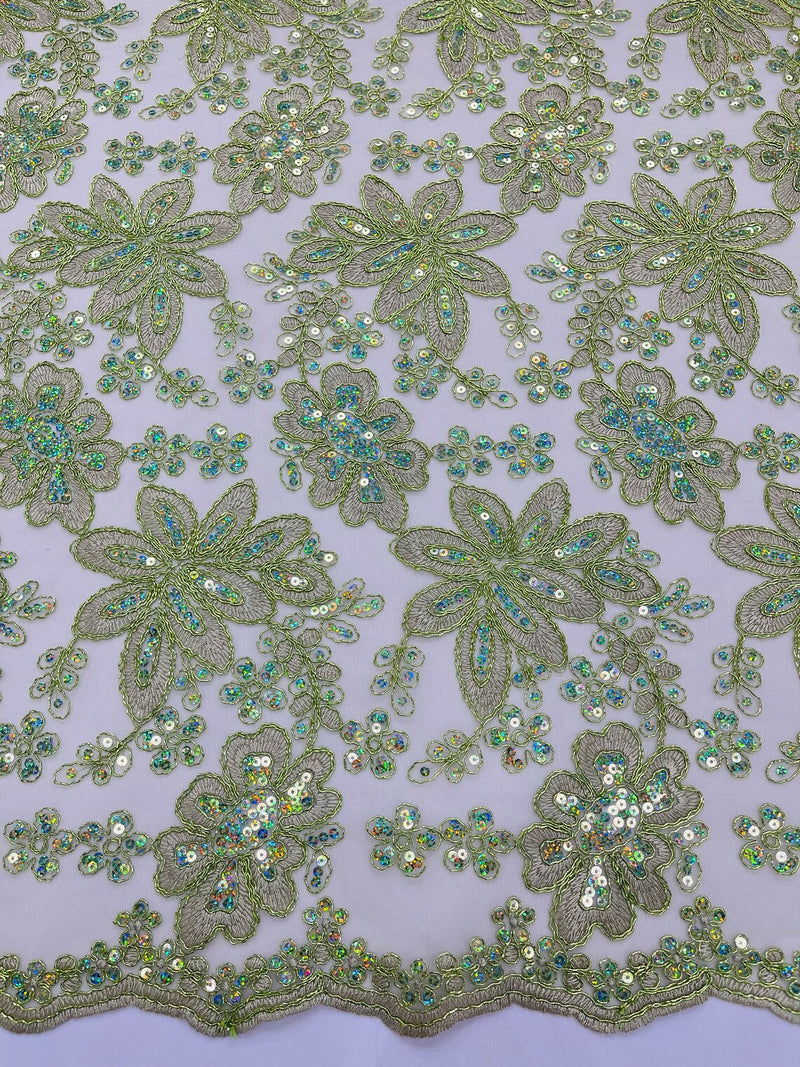 Metallic Floral Lace Fabric - Sage Green - Hologram Sequins Floral Metallic Thread Fabric by Yard