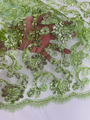 Corded Lace Flower Fabric - Sage Green - Floral Design Embroidered Sequins on Mesh Lace Fabric