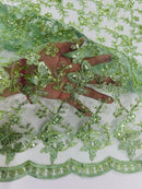 Metallic Floral Butterfly Fabric - Sage Green - Embroidered Floral Butterfly Design Mesh Fabric by Yard