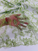 Flower Metallic Lace Fabric - Sage Green - Corded Floral Sequins Design Fabric Embroidered on Lace by Yard