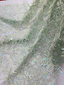 Sword Shaped Sequins - Sage Green - Hanging Iridescent Sequins On Mesh Fabric By Yard