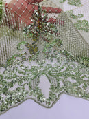 King Damask Lace Fabric - Sage Green - Corded Embroidery with Sequins on Mesh Lace Fabric By Yard
