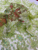 Metallic Floral Lace Fabric - Sage Green - Hologram Sequins Floral Metallic Thread Fabric by Yard
