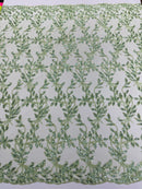 Sage Green Metallic Thread Leaf Design Embroidered With Sequins on a Mesh Lace Fabric by the Yard