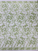 Flower Metallic Lace Fabric - Sage Green - Corded Floral Sequins Design Fabric Embroidered on Lace by Yard