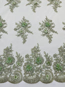 3D Floral Valentina Lace Fabric - Sage Green - Sequins and Beads on Flower Design Fabric By Yard
