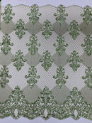 King Damask Lace Fabric - Sage Green - Corded Embroidery with Sequins on Mesh Lace Fabric By Yard