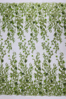 3D Rhinestone Flower Design - Sage Green - Flower Sequins  Embroidered Lace Fabric By Yard