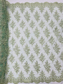 Floral Bridal Lace - Sage Green - Flower Damask Design Embroidered on Mesh Lace Fabric