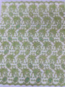 Metallic Floral Lace Fabric - Sage Green - Hologram Sequins Floral Metallic Thread Fabric by Yard